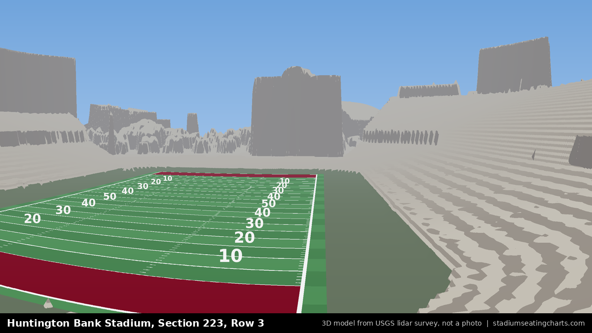 View from Huntington Bank Stadium Section 223, Row 3, looking toward the field
