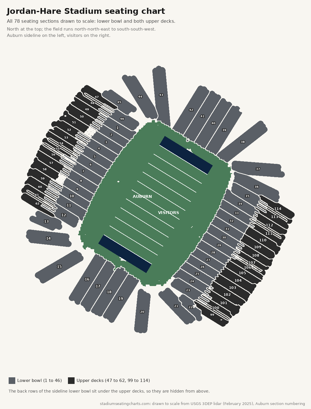 Jordan-Hare Stadium seating chart with the lower bowl and both upper decks