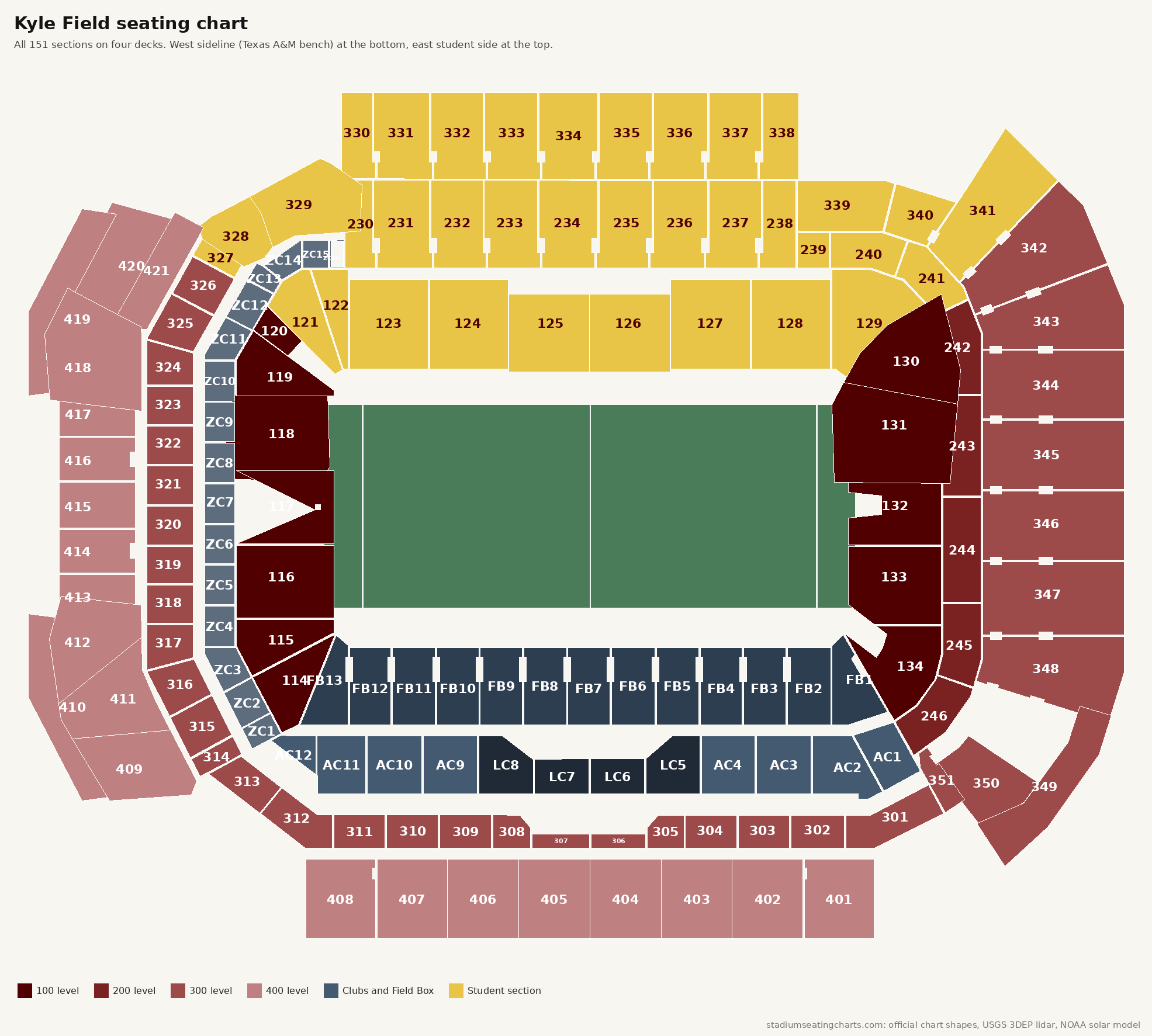 Kyle Field seating chart with all 151 sections on four decks, student section on the east side