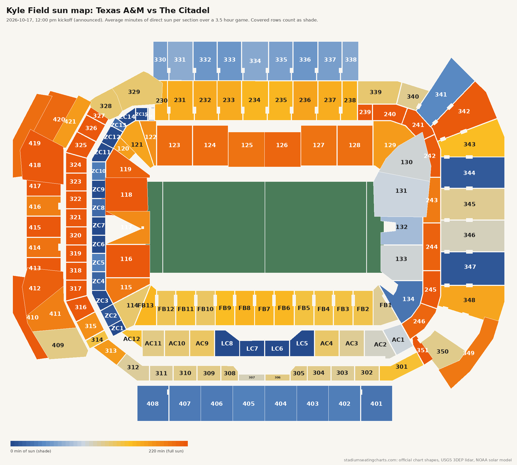 Kyle Field sun map for The Citadel, 12:00 pm kickoff, minutes of sun per section