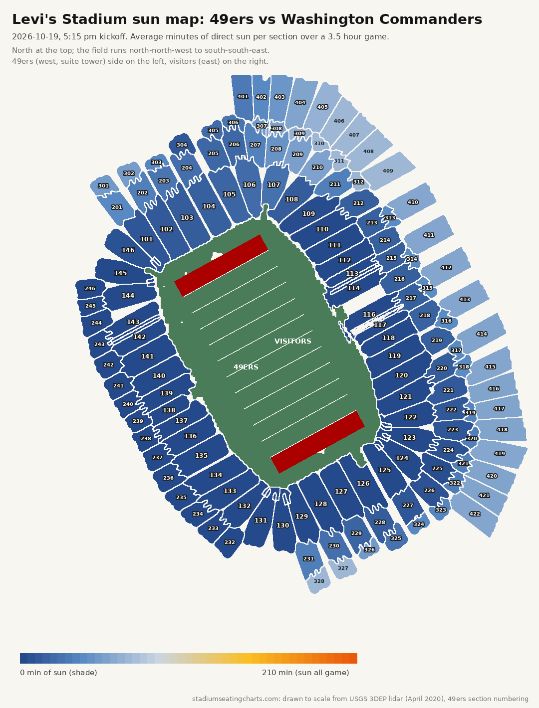 Levi's Stadium sun map, 49ers vs Washington Commanders, 5:15 pm kickoff