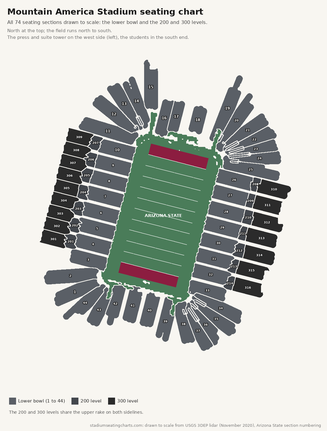 Mountain America Stadium seating chart with the lower bowl and the 200 and 300 levels