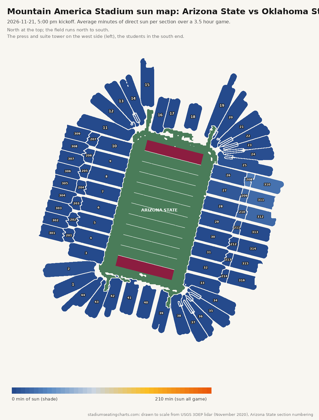 Mountain America Stadium sun map, Arizona State vs Oklahoma State, 5:00 pm kickoff