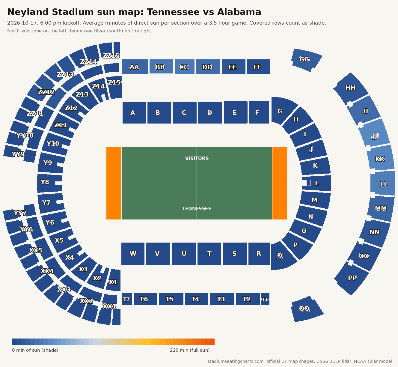 Neyland Stadium sun map, Tennessee vs Alabama, 6:00 pm kickoff