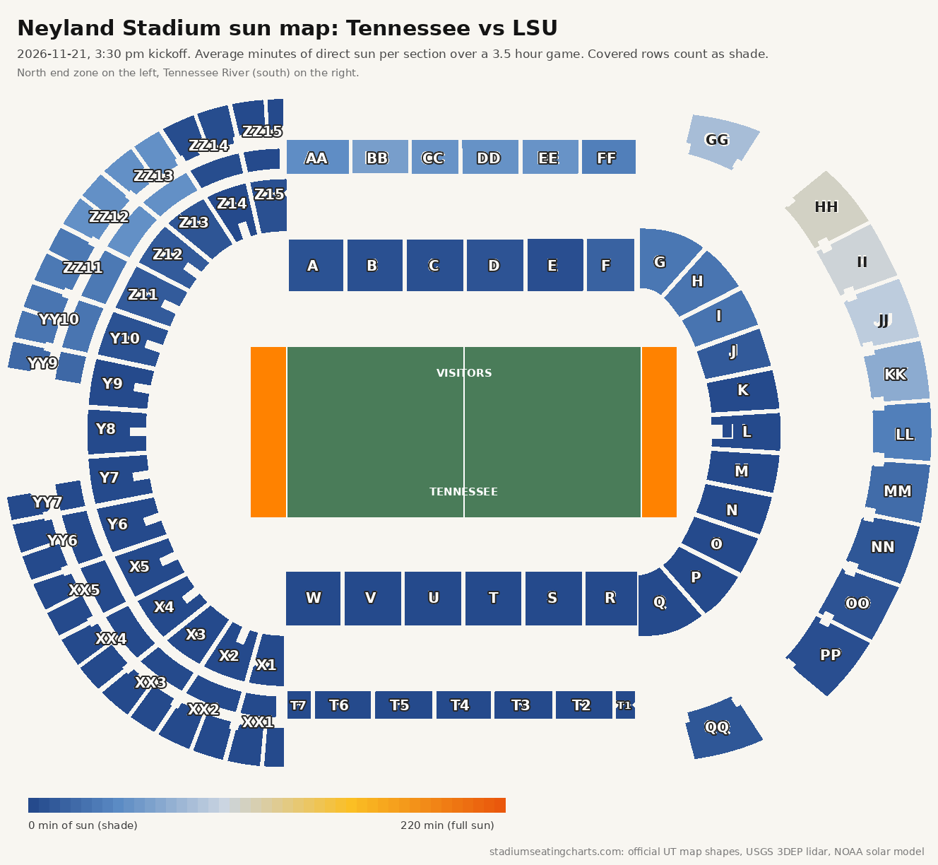 Neyland Stadium sun map, Tennessee vs LSU, 3:30 pm kickoff