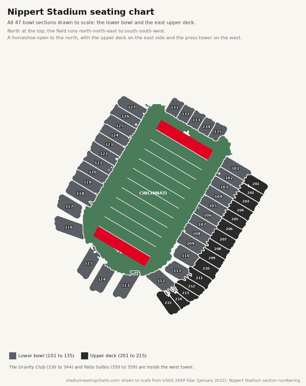 Nippert Stadium seating chart with the lower bowl and the east upper deck