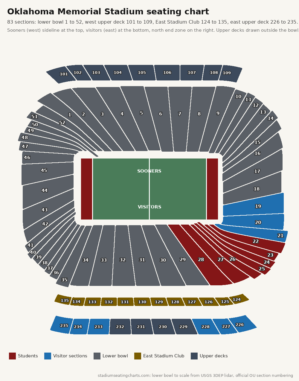 Oklahoma Memorial Stadium seating chart with every section