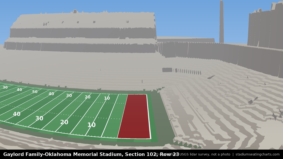 View from Oklahoma Memorial Stadium Section 102, Row 23, looking toward the field