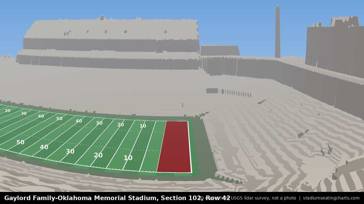 View from Oklahoma Memorial Stadium Section 102, Row 42, looking toward the field