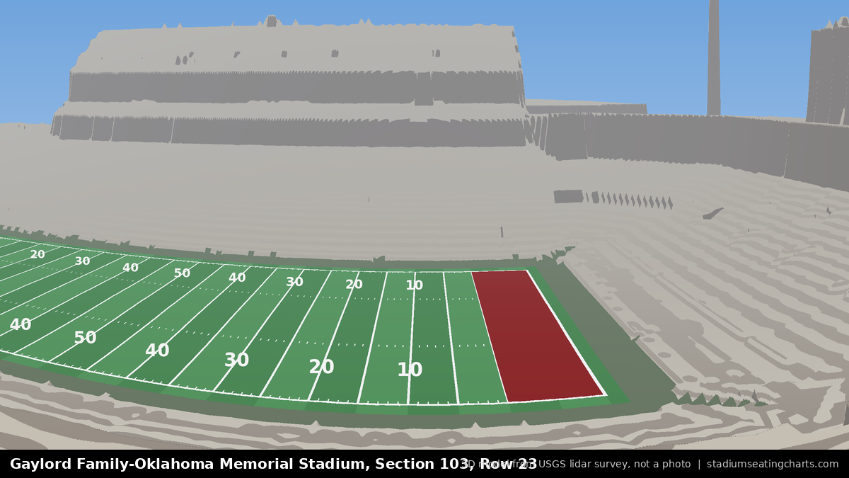 View from Oklahoma Memorial Stadium Section 103, Row 23, looking toward the field