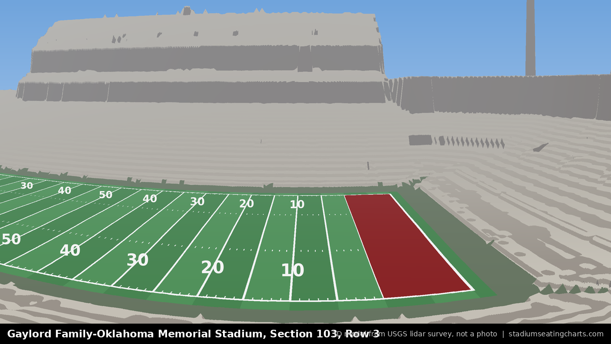 View from Oklahoma Memorial Stadium Section 103, Row 3, looking toward the field