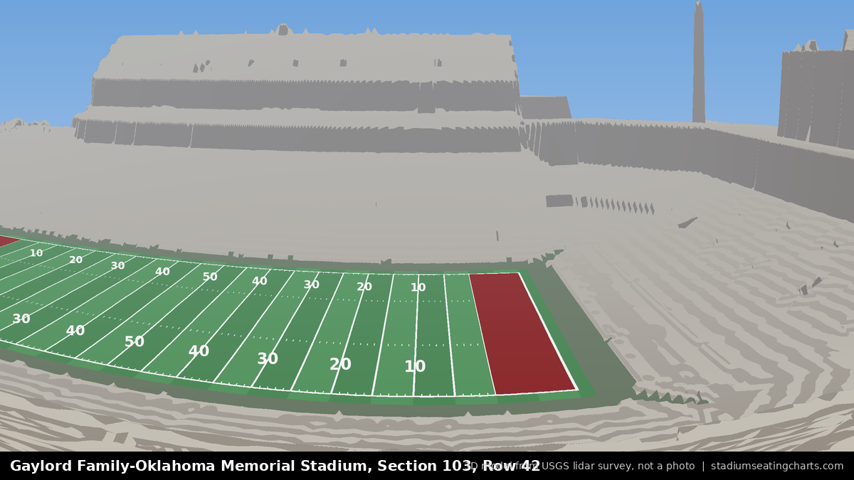 View from Oklahoma Memorial Stadium Section 103, Row 42, looking toward the field