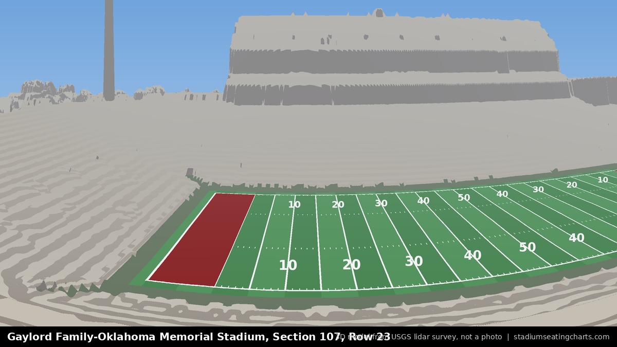 View from Oklahoma Memorial Stadium Section 107, Row 23, looking toward the field