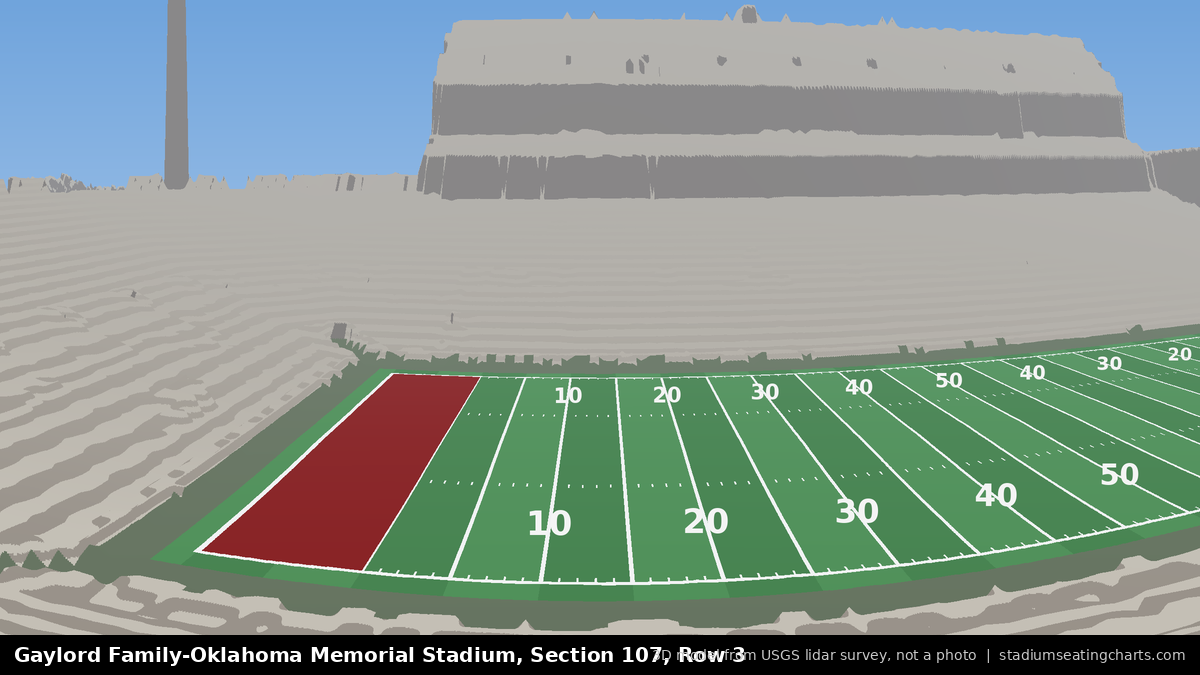 View from Oklahoma Memorial Stadium Section 107, Row 3, looking toward the field