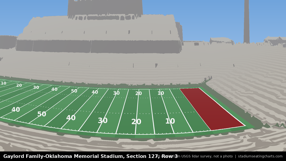 View from Oklahoma Memorial Stadium Section 127, Row 3, looking toward the field
