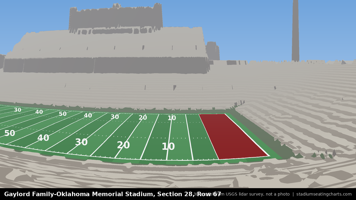 View from Oklahoma Memorial Stadium Section 28, Row 67, looking toward the field