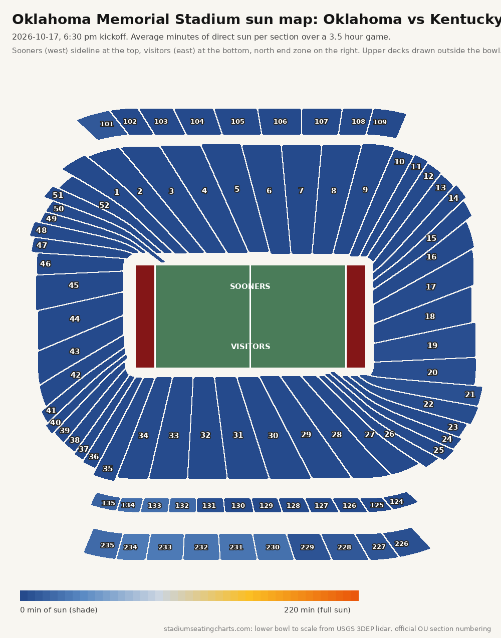 Oklahoma Memorial Stadium sun map, Oklahoma vs Kentucky, 6:30 pm kickoff
