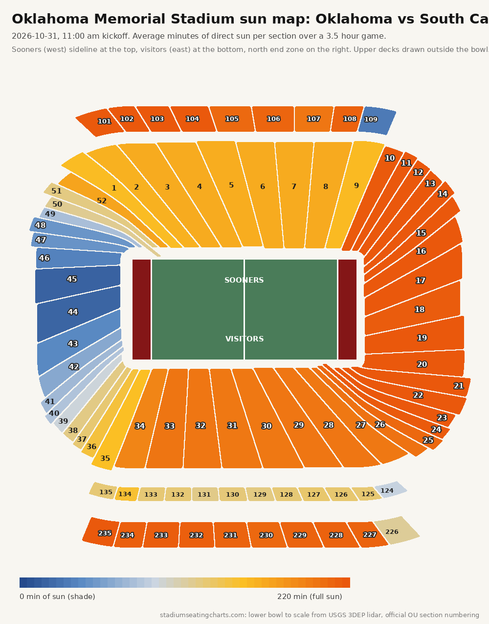 Oklahoma Memorial Stadium sun map, Oklahoma vs South Carolina, 11:00 am kickoff