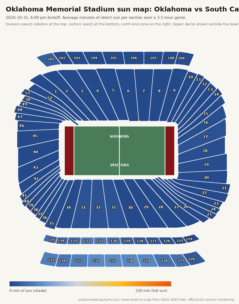 Oklahoma Memorial Stadium sun map, Oklahoma vs South Carolina, 6:00 pm kickoff