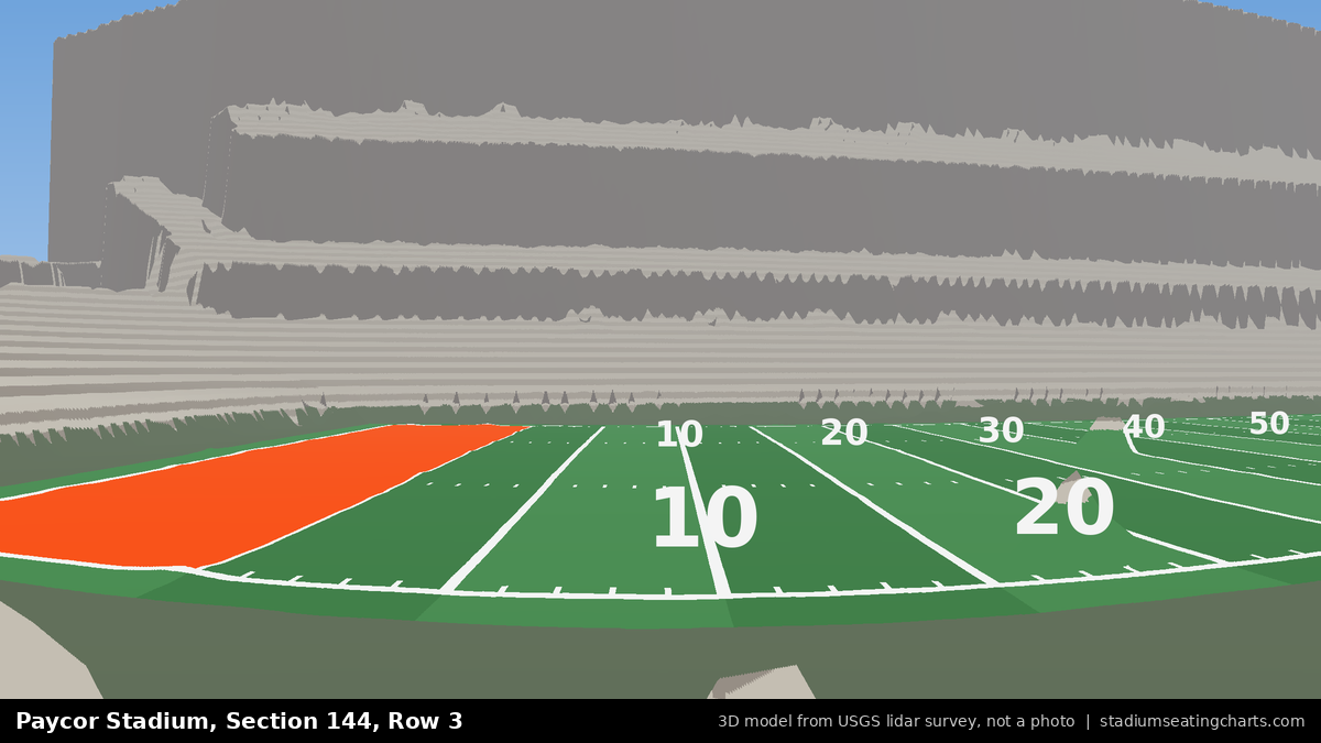 View from Paycor Stadium Section 144, Row 3, looking toward the field