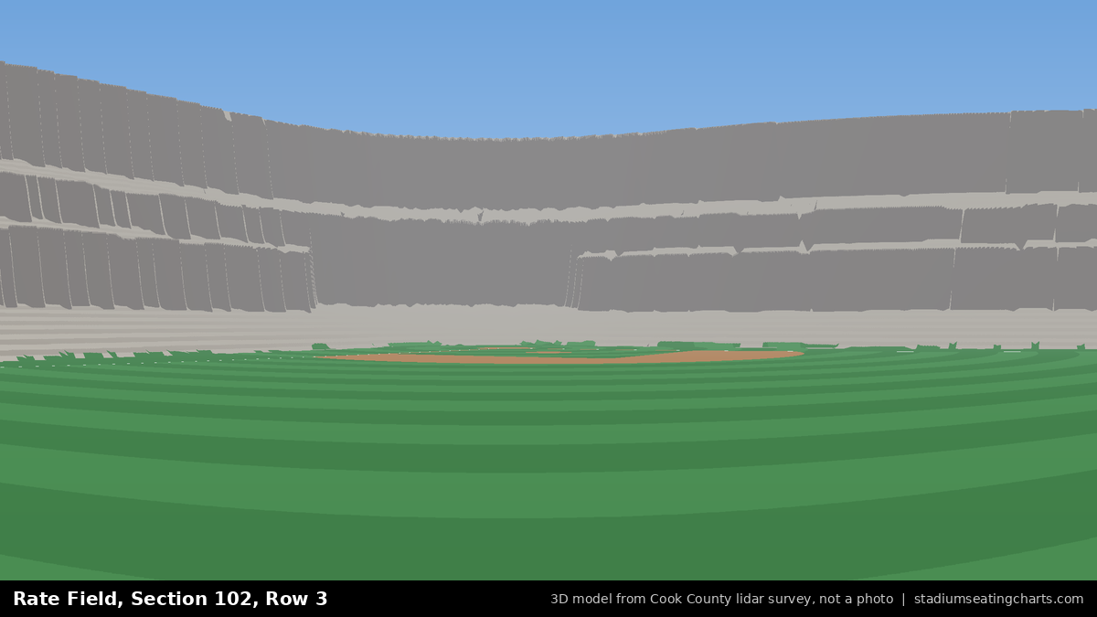 View from Rate Field Section 102, Row 3, looking toward the pitcher's mound