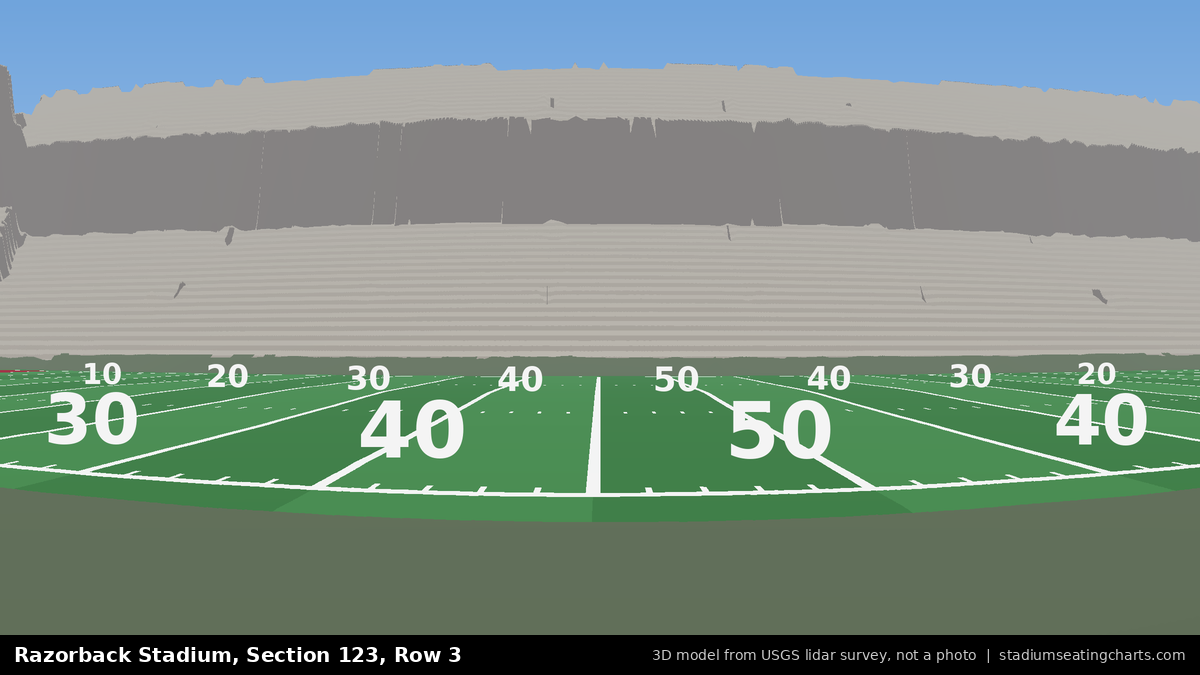 View from Razorback Stadium Section 123, Row 3, looking toward the field