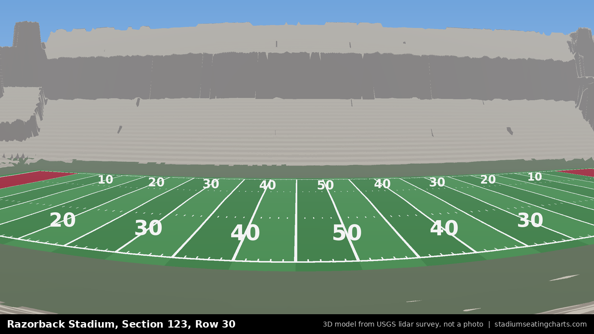 View from Razorback Stadium Section 123, Row 30, looking toward the field