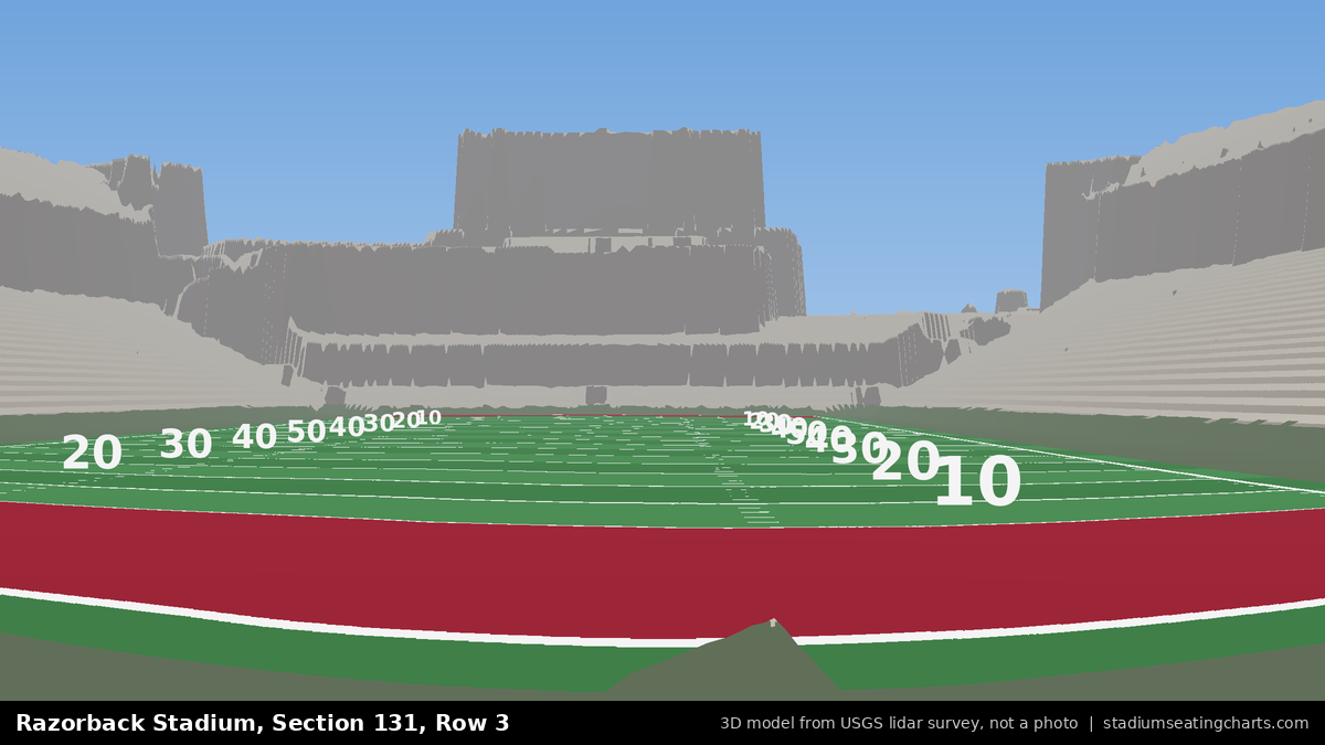 View from Razorback Stadium Section 131, Row 3, looking toward the field