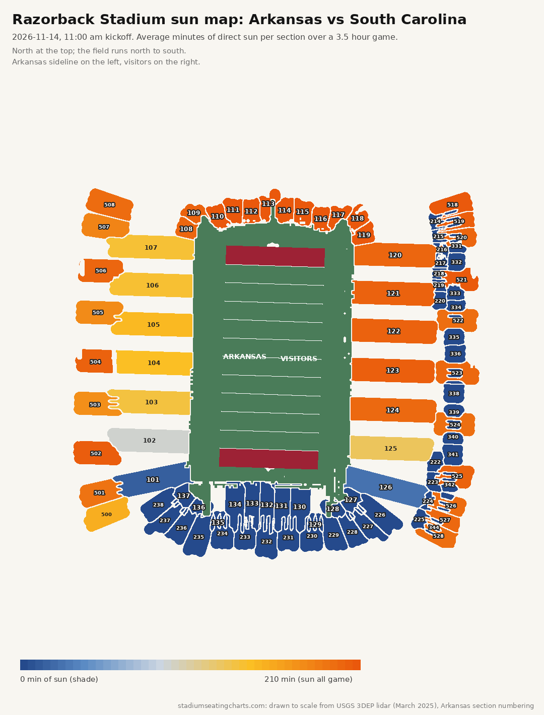Razorback Stadium sun map, Arkansas vs South Carolina, 11:00 am kickoff