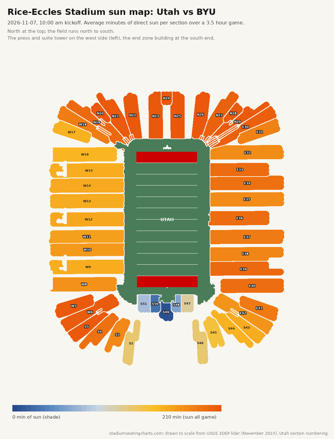 Rice-Eccles Stadium sun map, Utah vs BYU, 10:00 am kickoff