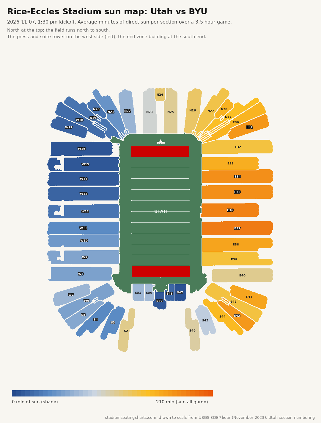 Rice-Eccles Stadium sun map, Utah vs BYU, 1:30 pm kickoff