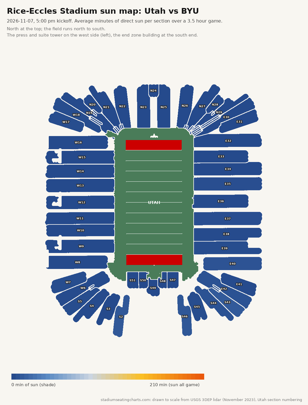 Rice-Eccles Stadium sun map, Utah vs BYU, 5:00 pm kickoff