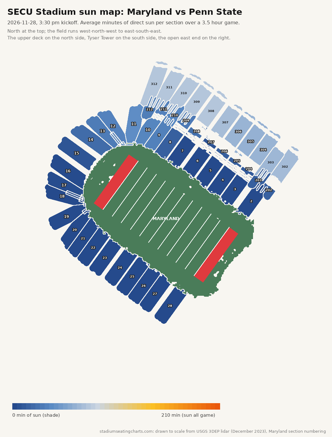 SECU Stadium sun map, Maryland vs Penn State, 3:30 pm kickoff