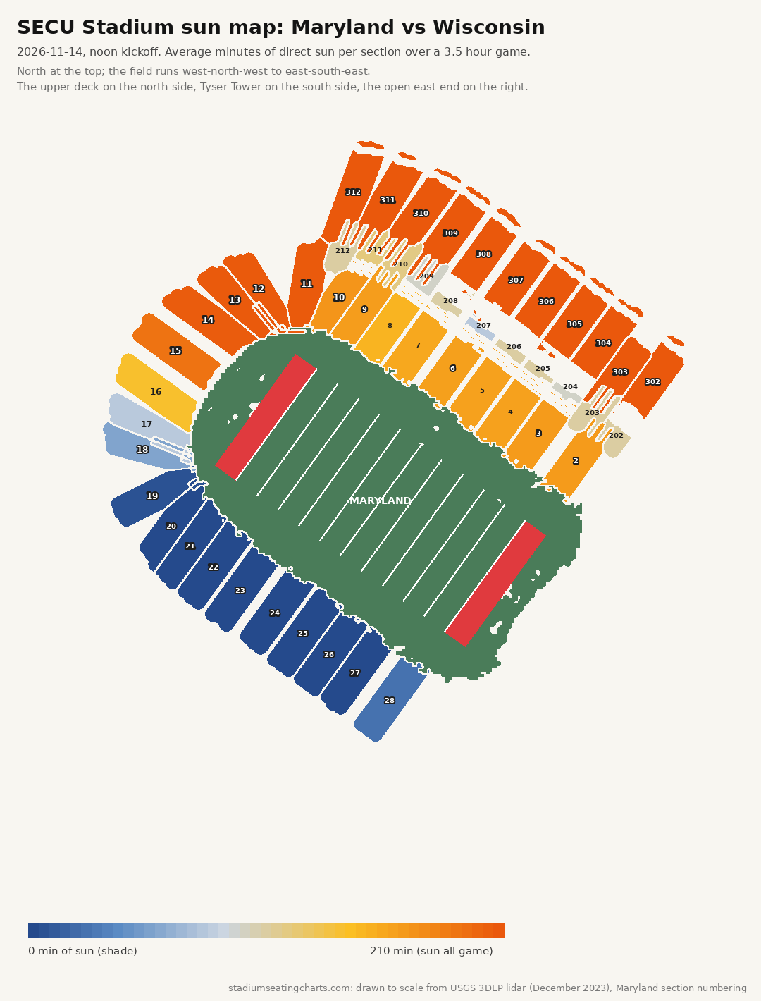 SECU Stadium sun map, Maryland vs Wisconsin, noon kickoff