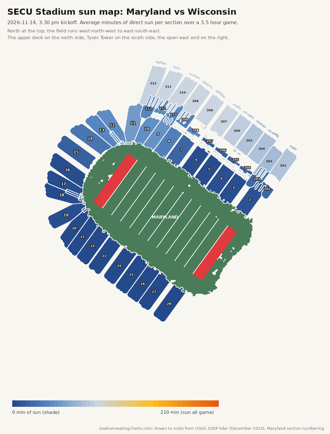 SECU Stadium sun map, Maryland vs Wisconsin, 3:30 pm kickoff