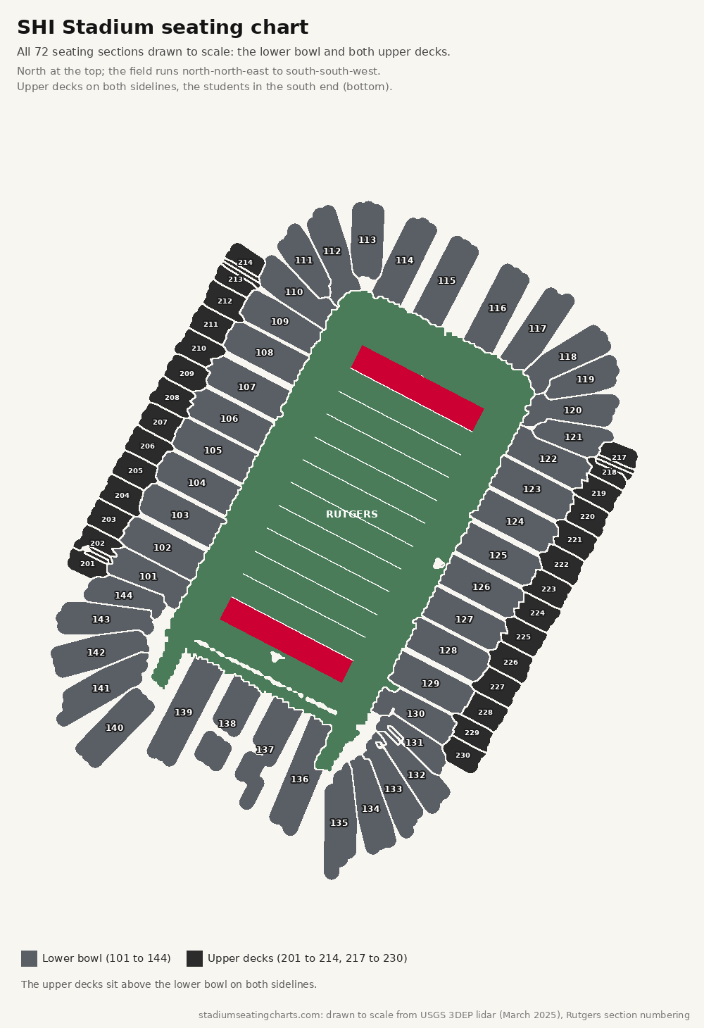 SHI Stadium seating chart with the lower bowl and both upper decks
