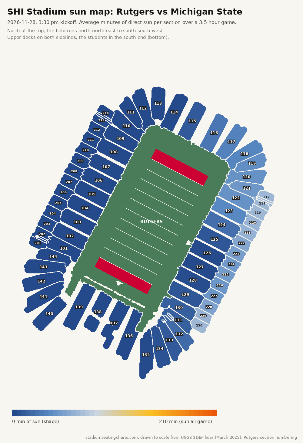 SHI Stadium sun map, Rutgers vs Michigan State, 3:30 pm kickoff