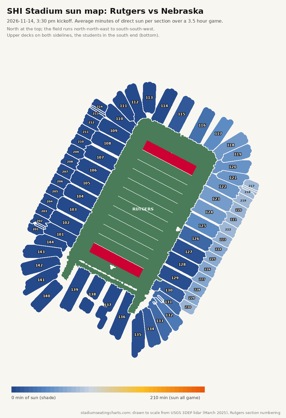 SHI Stadium sun map, Rutgers vs Nebraska, 3:30 pm kickoff