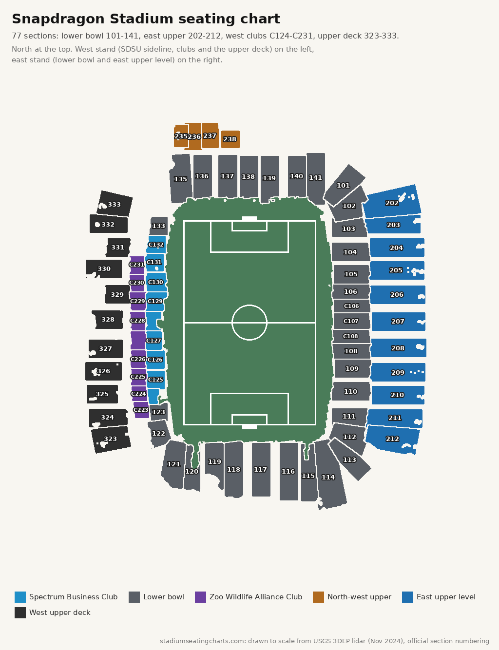 Snapdragon Stadium seating chart with lower bowl, club and upper sections drawn to scale