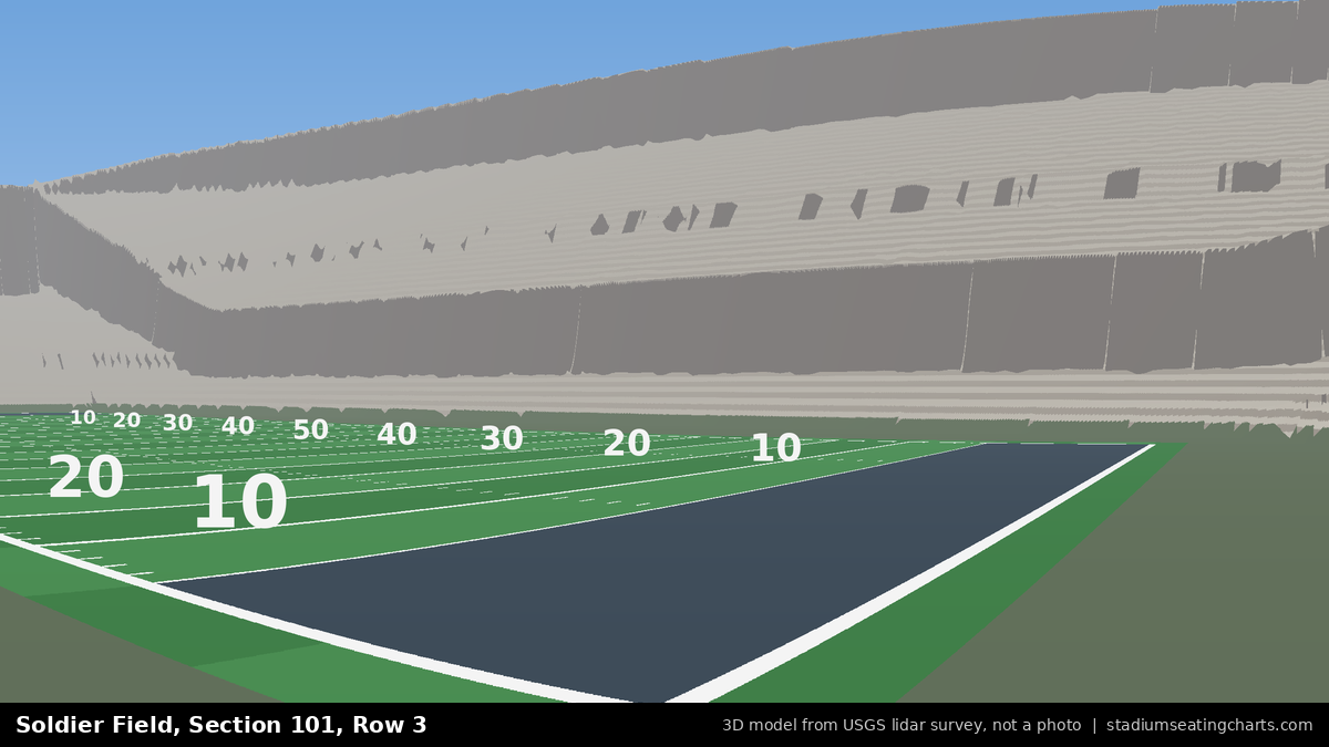View from Soldier Field Section 101, Row 3, looking toward the field