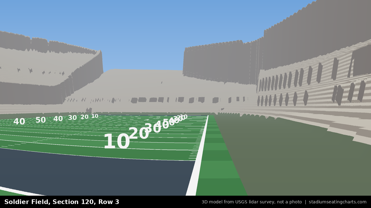 View from Soldier Field Section 120, Row 3, looking toward the field