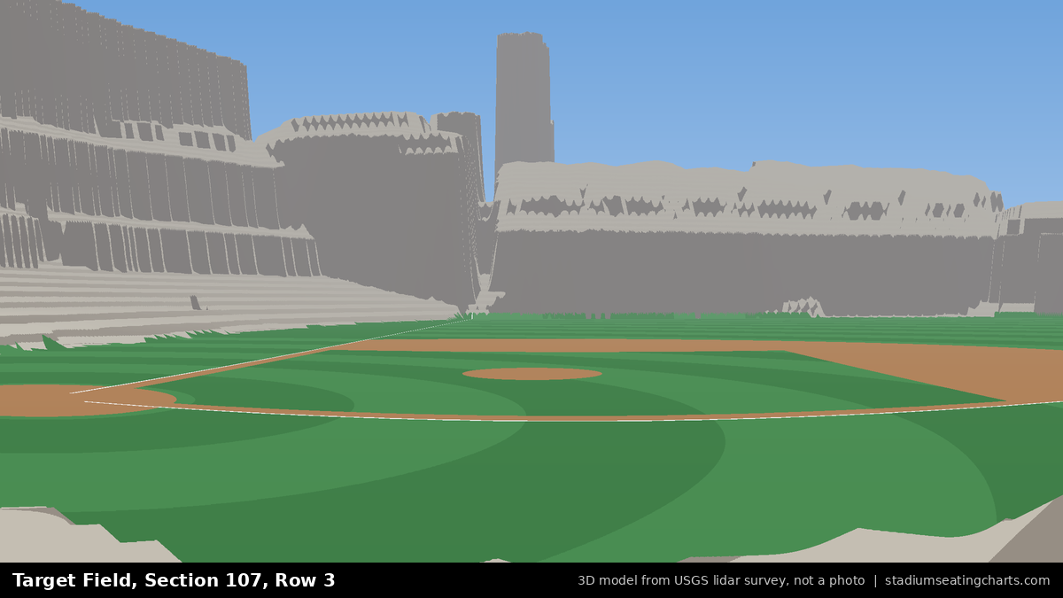 View from Target Field Section 107, Row 3, looking toward the pitcher's mound