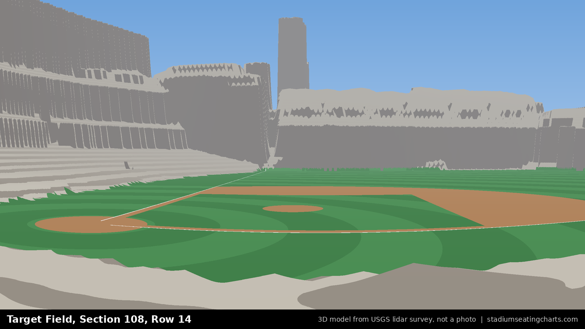 View from Target Field Section 108, Row 14, looking toward the pitcher's mound
