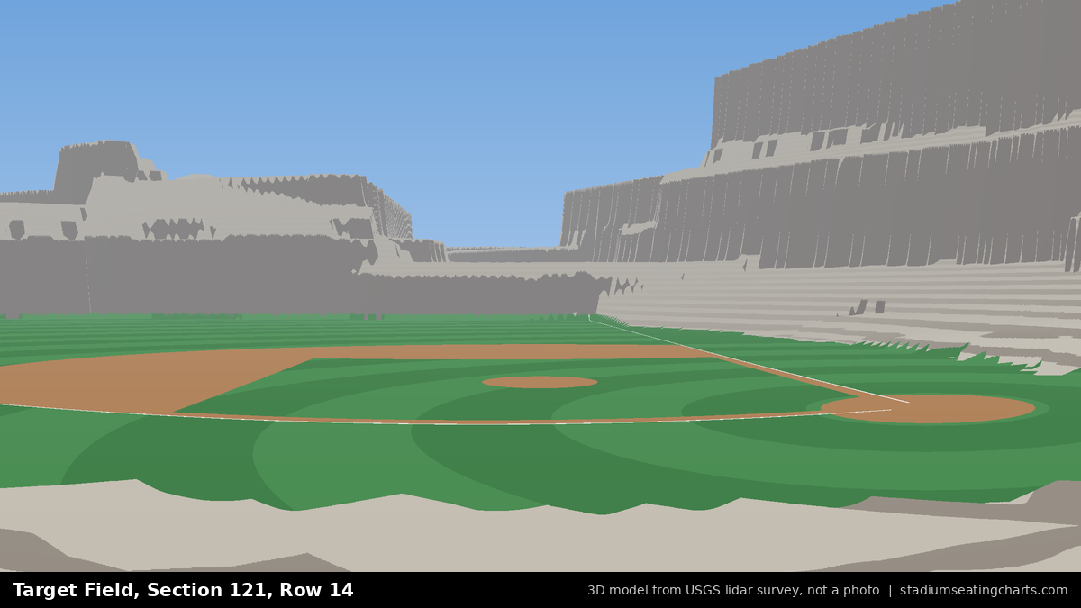 View from Target Field Section 121, Row 14, looking toward the pitcher's mound