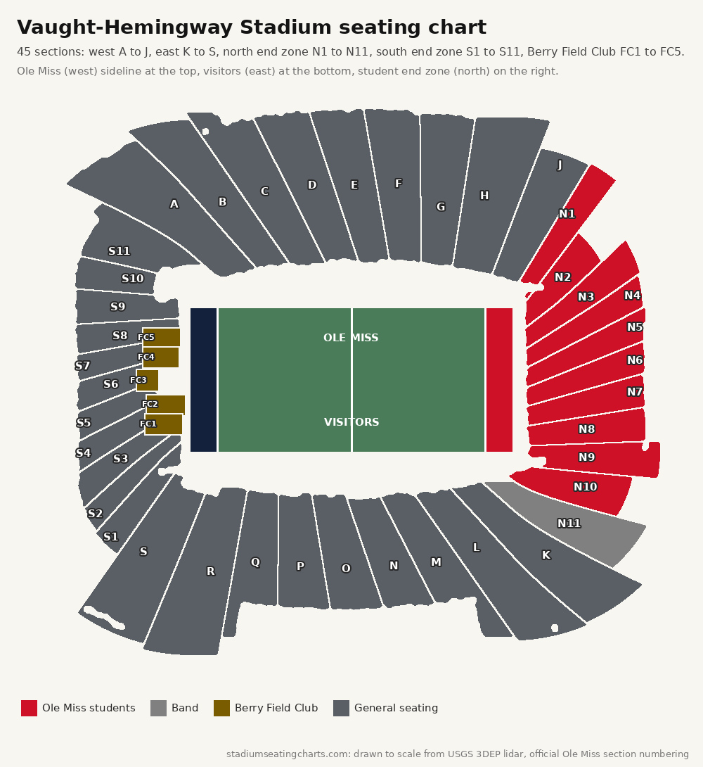 Vaught-Hemingway Stadium seating chart with every section